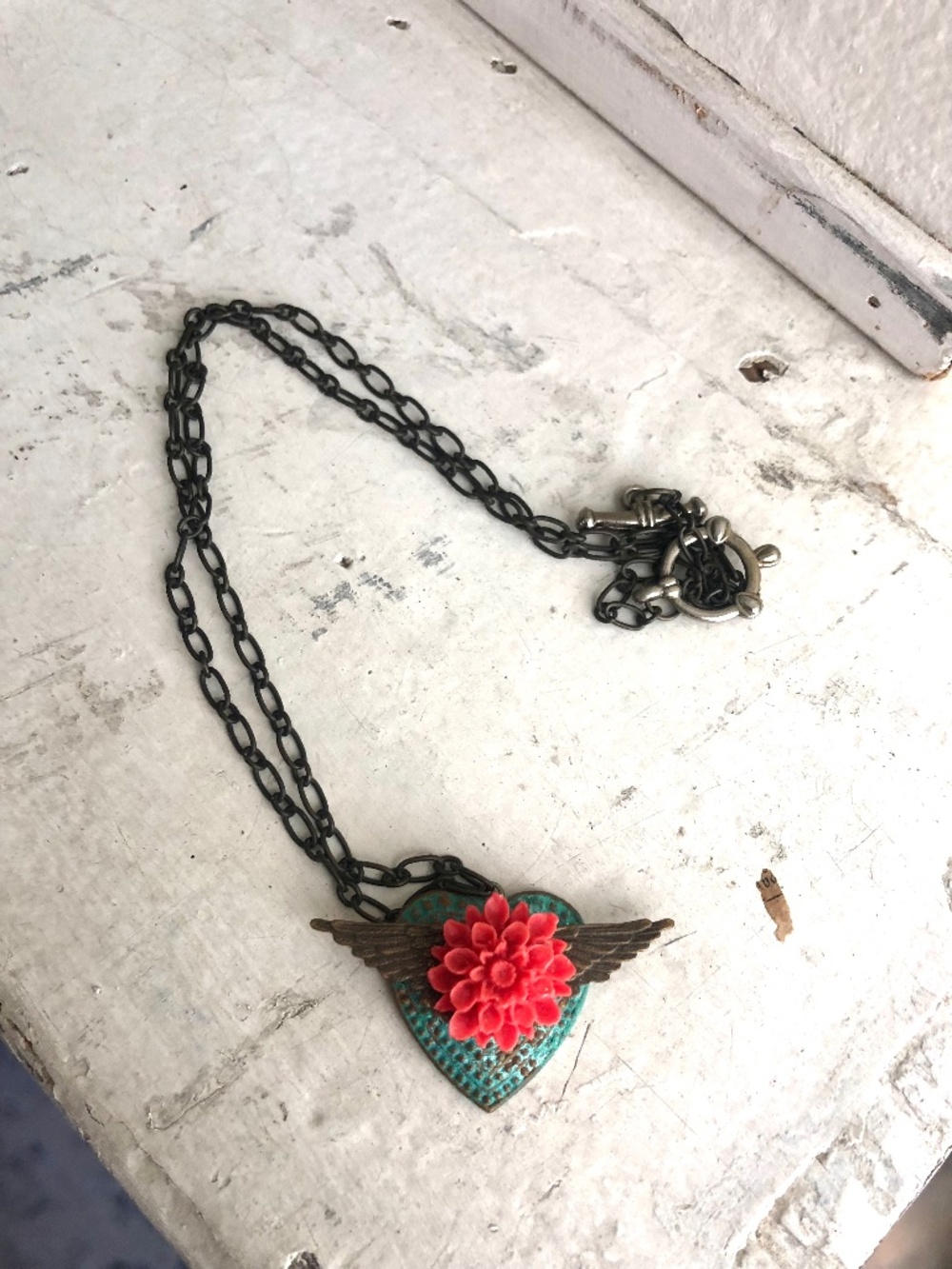 Boho heart wing with red flower necklace